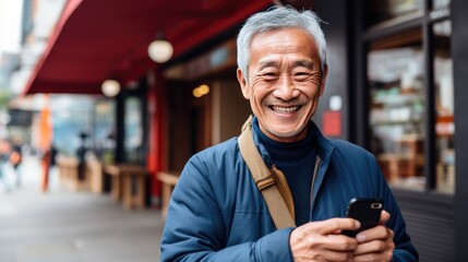 Canvas Print - Happy smiling senior man is using a smartphone outdoors