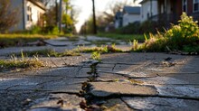 A Cracked And Uneven Sidewalk In A Neglected Neighborhood, Portraying The Neglected Infrastructure And Lack Of Urban Development.