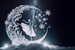 ballerina dancing on a crescent moon made of ice against of a starry sky.