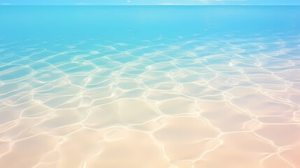 Canvas Print - Sandy beach with light blue transparent water waves and sunlight, tranquil aerial beach scene