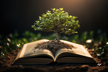 Poster - a tree growing from a book, embodying the idea that knowledge is the fertile soil for the growth of 