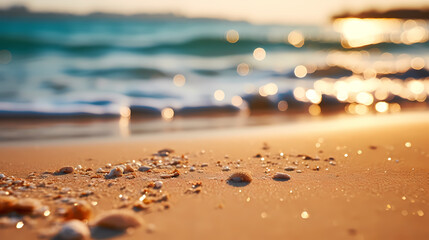 Canvas Print - Sandy beach with light blue transparent water waves and sunlight, tranquil aerial beach scene