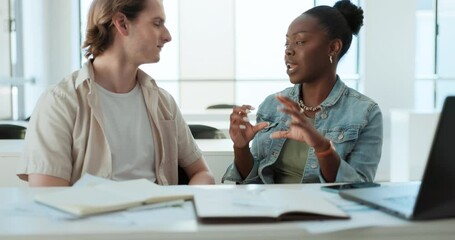 Aufkleber - Discussion, friends and students studying at university, learning or education. Conversation, man and woman in college together, diversity of team in preparation for test and knowledge in classroom