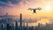 Futuristic Autonomous Drones over Cityscape at Sunset. Generative ai