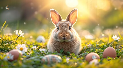 Wall Mural - Small ,baby rabbit in easter basket with fluffy fur and easter eggs in the fresh