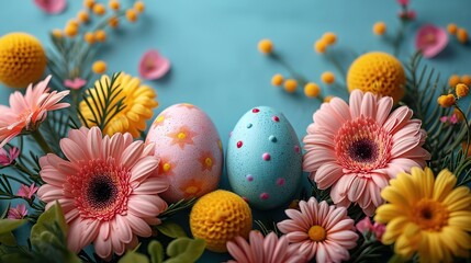 Wall Mural - Beautiful postcard with easter decoration and painted colorful easter eggs. Banner
