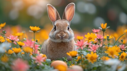 Small ,baby rabbit in easter basket with fluffy fur and easter eggs in the fresh