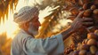 Generative AI image of an old Saudi farmer picking dates from a palm tree