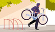 © Natalia - Thief stealing bicycle from rack in public city area, bike theft on street. Man carrying stolen personal transport and running, male criminal broke security lock to steal cartoon vector illustration
