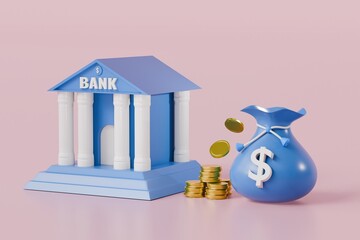 Poster - 3D bank, banking building with moneybag, money coin icon, business investment finance concept. money transaction security.3d blue banking minimal cartoon style isolated on pink background.3d rendering