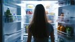 Point of view POV inside refrigerator Caucasian girl hungry woman open fridge at home kitchen look at empty shelves order food products delivery with mobile phone app online service we : Generative AI