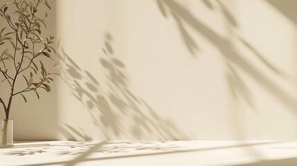 Poster - Minimalistic abstract gentle light beige background for product presentation with light andand intricate shadow from the window and vegetation on wall. : Generative AI