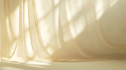 Poster - Minimalistic abstract gentle light beige background for product presentation with light and shadow of window curtains on wall. : Generative AI