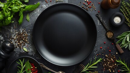 Poster - An empty black plate on a dark concrete background with spices, herbs and cutlery. Home dinner cooking : Generative AI