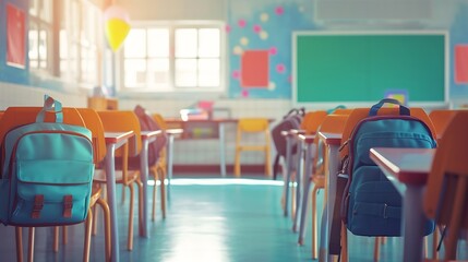 Poster - Interior of stylish empty classroom with backpacks and stationery : Generative AI