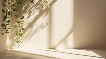 Poster - Minimalistic abstract gentle light beige background for product presentation with light andand intricate shadow from the window and vegetation on wall. : Generative AI