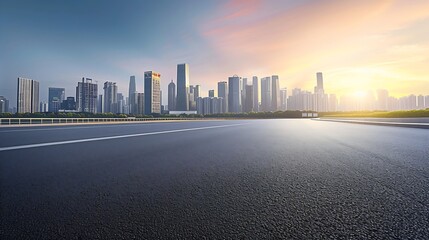 Poster - Panoramic skyline and modern commercial buildings with empty road. Asphalt road and cityscape at sunrise : Generative AI