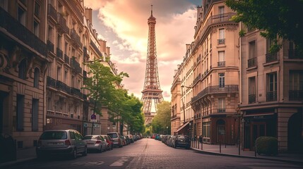cosy Paris street with view on the famous Eiffel Tower on a cloudy summer day, Paris France, retro toned : Generative AI