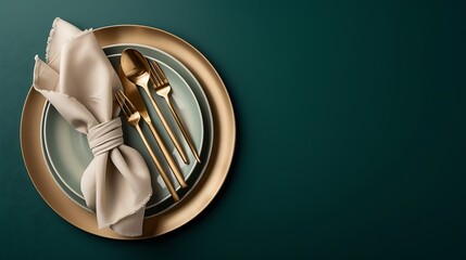 Poster - Festive place setting with beige napkin. Empty plates and gold cutlery on dark green background. Top view. Dining table in luxury restaurant. Card or menu template, flat design. Tablew : Generative AI