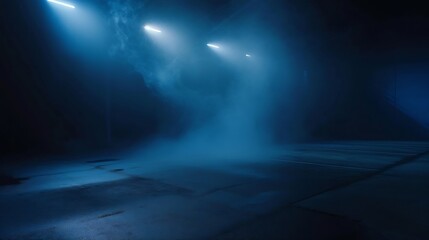 Poster - A dark empty street, dark blue background, an empty dark scene, neon light, spotlights The asphalt floor and studio room with smoke float up the interior texture. night view : Generative AI