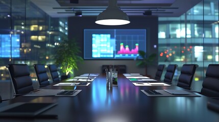 Poster - Modern Empty Meeting Room with Big Conference Table with Various Documents and Laptop on it. Wall TV Showing Company's Growth, Statistics, Graphs and Pie Charts. Late Evening or Night  : Generative AI