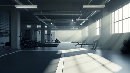 Poster - Empty gym, fitness or floor space for training hall in open room or health studio for exercise or workout. Interior, background or clean facility building for athletic sports or athlet : Generative AI