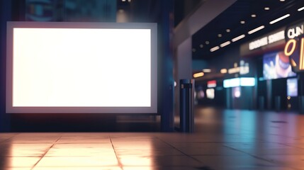 Aufkleber - blank showcase billboard or advertising light box for your text message or media content with blurred image of ticket sales counter at movie theater, advertisement, marketing, entertai : Generative AI