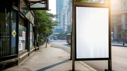 Poster - Vertical blank white billboard at bus stop on city street. In the background buildings and road. Mock up. Poster on street next to roadway. Sunny summer day. : Generative AI