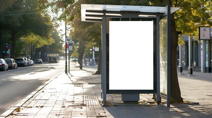 Wall Mural - bus shelter at busstop. blank white lightbox. empty billboard. bus shelter ad. glass and aluminum structure. transit station. urban setting. city street background. stone sidewalk. bas : Generative AI
