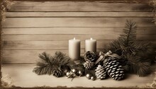 Christmas Still Life With Candle Black And White A Vintage Christmas With A Wooden Background And A Pine Cone Border. The Background Is Made Of Wood  Copy Space 