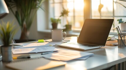 Fototapete - Manager working desk with laptop computer, document, paperwork and office suppliers. : Generative AI