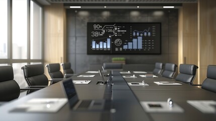 Fototapete - Modern Empty Meeting Room with Big Conference Table with Various Documents and Laptops on it, on the Wall Big TV with Big Data Analysis, Charts and Infographics. Contemporary Designed  : Generative AI