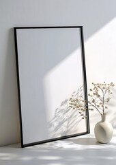 Poster - minimalist aesthetic frame mockup poster template on the table leaning on the white wall from side angle. wall in modern interior background. 50x70, 20x28, 20RP frame mockup poster : Generative AI