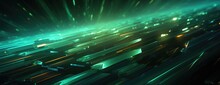 Abstract Speedline Background With Colored Lights, In The Style Of Dark Green, Flat Shapes, Mechanized Abstraction