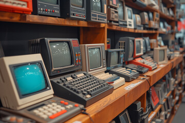 Fototapete - A retro tech fair, displaying gadgets and technology from the past, illustrating the evolution of modern devices. Concept of technological progress and nostalgia. Generative Ai.