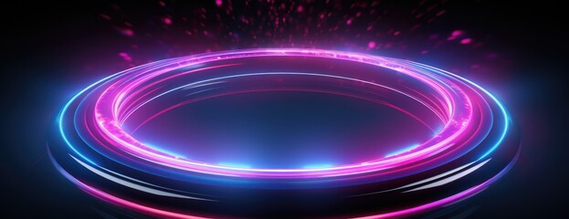 Wall Mural - blue and pink glowing illuminated circle with text on black background with a black background