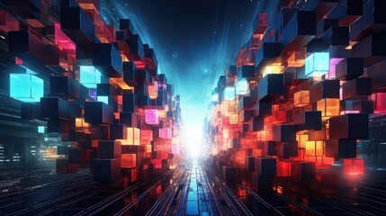 Poster - Wallpaper, abstract background, an image of colorful squares and lights, in the style of futuristic organic, greeble, grid