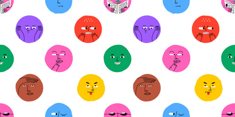Wall Mural - funny happy face circle cartoon seamless pattern. diverse mood reaction doodle background in hand dr