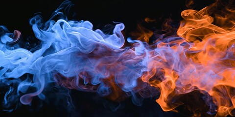 Wall Mural - ethereal flow of cool blue and warm orange smoke on black, ethereal blue and orange smoke flows in a