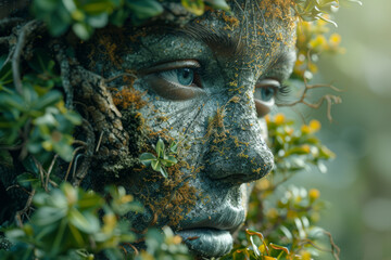 Wall Mural - A surreal portrait created by AI, blending human features with elements of nature, showcasing a fusion of humanity and the environment. Concept of AI in artistic expression. Generative Ai.