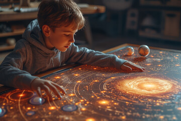 Poster - An AR-enhanced image showing a user interacting with a virtual solar system, blending astronomy and education. Concept of interactive learning through AR. Generative Ai.