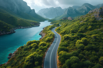 Sticker - An aerial photograph of a winding mountain pass, showcasing the journey and the destination. Concept of travel routes and their scenic allure. Generative Ai.