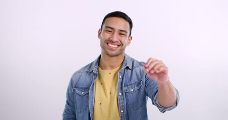 Poster - Happy man, okay and agreement in studio, face and approval emoji by white background. Asian male person, portrait or yes symbol for promotion, thank you and satisfaction in feedback by mockup space
