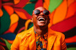 © Lucas - Artistic portrait of a happy African-American man with a lot of style laughing, background mural, vibrant colors. Generative AI
