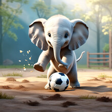 Elephant Playing Soccer. A Cute Baby Elephant Using Its Trunk To Kick A Small Soccer Ball. Generative AI