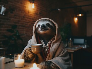 Wall Mural - A sloth in a robe holding a cup of coffee. Generative AI.