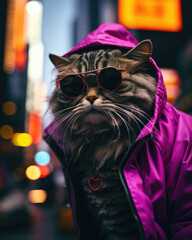 Wall Mural - A cat wearing sunglasses and a purple jacket. Generative AI.