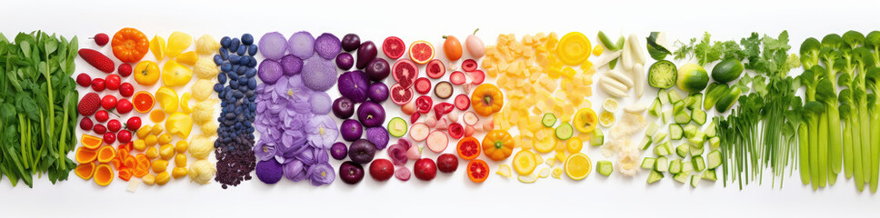 Top view of raw vegetables and fruits assortment. Colorful vegetarian food banner on white background. Generative AI.	