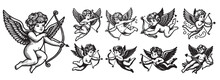 Cupids, Children's Angels Shooting Love Hearts, Decorative Black And White Vector Graphics