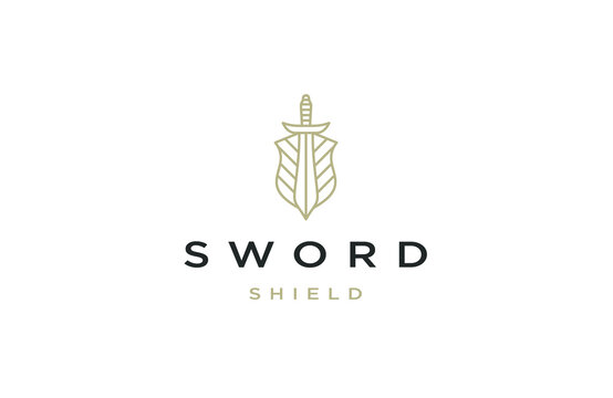 Sword shield logo with line art style design template
